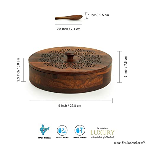 Image of ExclusiveLane 'The Dancing Peacock' Sheesham Wooden Spice Box for Kitchen with Spoon (7 Partitions, 120 ml Each) | Masala Container Spice Box Wooden Namak Dani for Kitchen Masala Box Wooden Dani