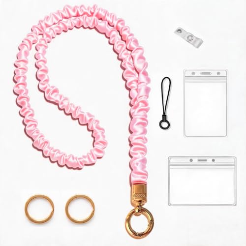Jonfolk Thin Scrunchie Lanyard with ID Holder for Teachers, Soft Pink