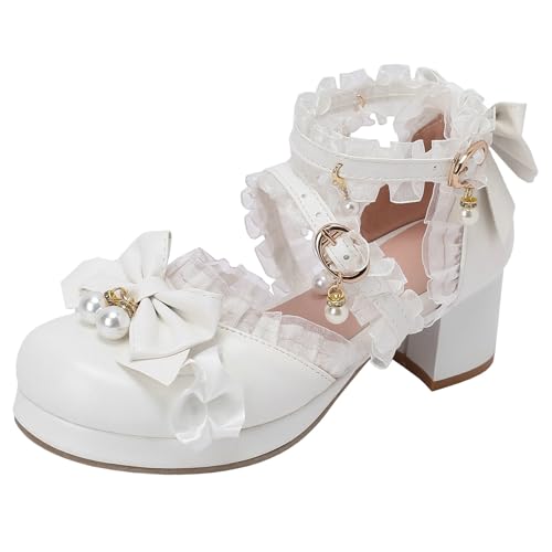 Parisuit Womens Kawaii Lolita Pearl Bow Shoes Mary Jane Cute Platform Heels Chunky Heel Ankle Strap Pumps