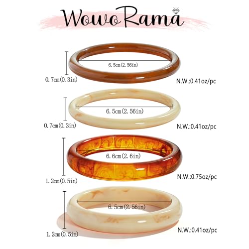 WOWORAMA 4 Pcs Resin Acrylic Bangle Bracelets Set for Women Thin Cream White Acetate Resin Bangles Stackable Round Brown Tortoise Acrylic Bracelet