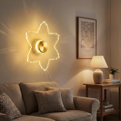 Image of Lampmaster Zyra StarLeaf LED Wall Light | 23cm Acrylic Decorative Lamp | 3 Color Changing | Energy-Efficient | Modern Wall & Ceiling Light for Living Room, Bedroom, Hallway | Gold | 1 Year Warranty