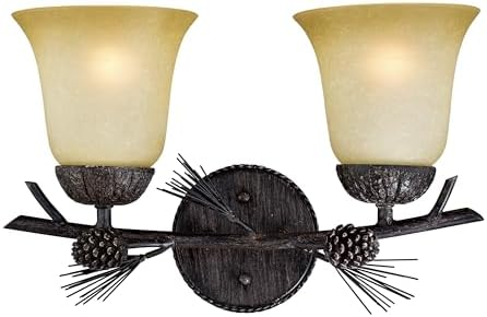VAXCEL Sierra 2-Light 15 inch Wide Black Walnut Rustic Bathroom Vanity Lighting Fixture, Creme Cognac Glass Shade, Dimmable, LED Compatible, Pine Cone Motif, Reversible Wall Mounted Steel Sconce
