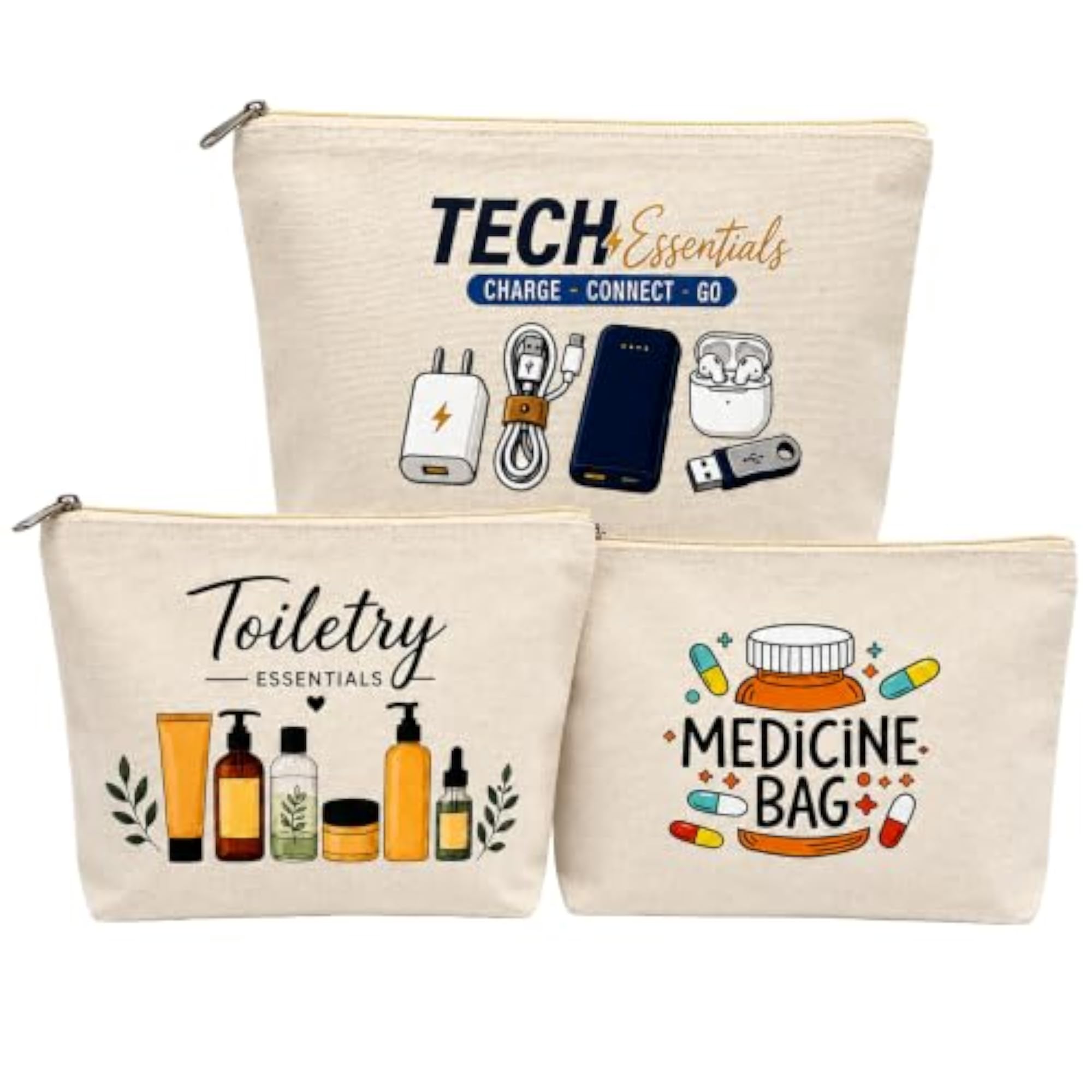 Toiletry Medicine Bag & Tech Essentials Canvas Zipper Pouch