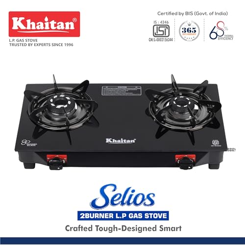 Image of Khaitan 2 Burner Selios Black Manual Gas Stove Toughened Glass, Alloy Premium Burners, ISI Marked with 1 Year Warranty.