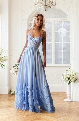 Women’s Long Bridesmaid Dresses Wrap Ruffles Chiffon Scoop Neck Slit Wedding Guest Formal Dress for Women4