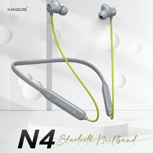 Kratos N4 Grey with Green Bluetooth Neckband with 52H Playtime, Deep Bass, Stereo Sound, HD Calls, Magnetic Earbuds, Type-C Fast Charging, Rich Audio, Hollow Switch for Comfort & Style view 2