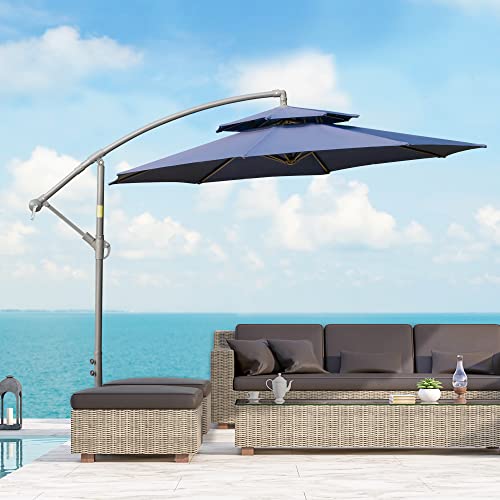 Outsunny 9' Offset Patio Umbrella With Base, Steel Hanging Cantilever Umbrella, 2-Tier Easy Tilt Polyester Shade, 8 Ribs, Crank, Cross Base, Dark Blue #TOP1