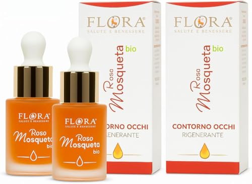 FLORA Olio Contorno Occhi Rosa Mosqueta pack da 2 Pz da 15 ml BIO Rigenerante e Elasticizzante con Estratti di Centella Ippocastano Rusco e Oli Essenziali di Geranio Neroli & Camomilla Blu