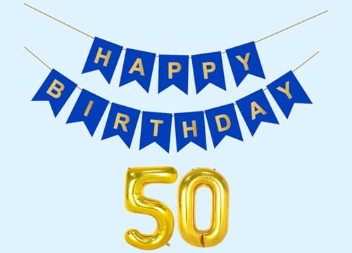 Image of 50th Happy Birthday Decoration Kit Dark Blue for 50 year Old Boys Girls Women with Number Fifty Party Decorations Decor Celebration Items Item Set Combo Reusable Paper Banner