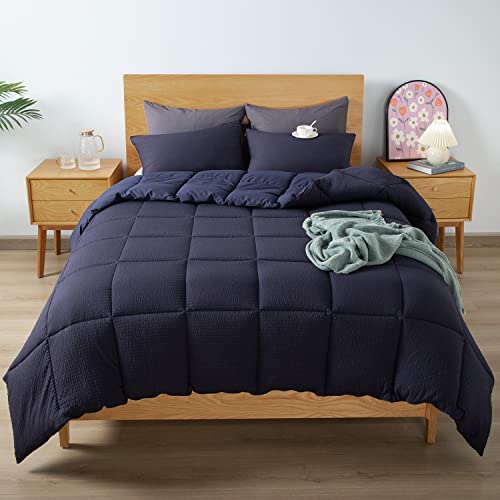 Kasentex Winter Warmth Quilted Comforter Set Twin With 1 Pillow Sham, Cozy Soft Seersucker Bedding Set Textured, Down Alternative Fill(Twin/Twin Xl Set, Navy) #TOP17