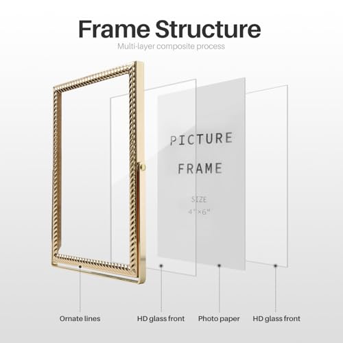 4x6 Floating Picture Frame Gold, 4 by 6 Gold Wedding Frames Vertical Metal Photo Frame with Glass Front for Tabletop Display, Ornate Elegant Design for Home Decor