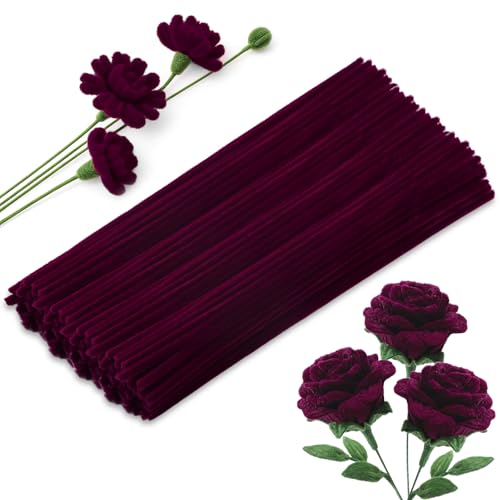 Image of 100 PCS Pipe Cleaners Bulk Craft Suppies Wine Red Pipe Cleaners | Chenille Stems Craft Pipe Cleaners for Crafts Cleaning Flower Making Festival Decorations