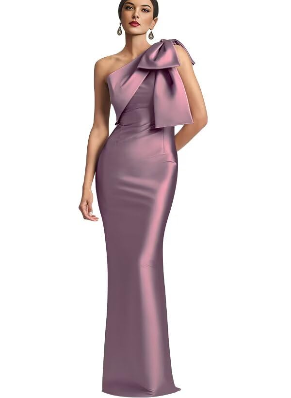 Image of One Shoulder Bridesmaid Dresses with Bow Long Mermaid Satin Back Slit Mother of The Bride Dresses PM004