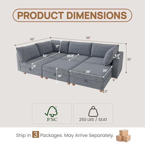 Image of 99 inch Modular Sectional Sleeper Sofa Bed with Storage & Washable Covers, 6-Seater Chenille Modular Sofa Bed with Movable Ottoman Chaise, Convertible Sleeper Sectional Couches for Living Room, Gray