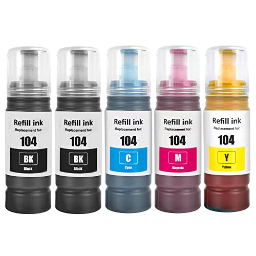 104 Tinte Kompatibel mit epson 104 Tintenpatronen Nachfülltinte für ET-1810 ET-2810 ET-2820 ET-2870 ET-2814 ET-2815 ET-2825 ET-2826 ET-2830 ET-2840 ET-2862 ET-2870 ET-2876 ET-4800 ET-4810(5 Pack)