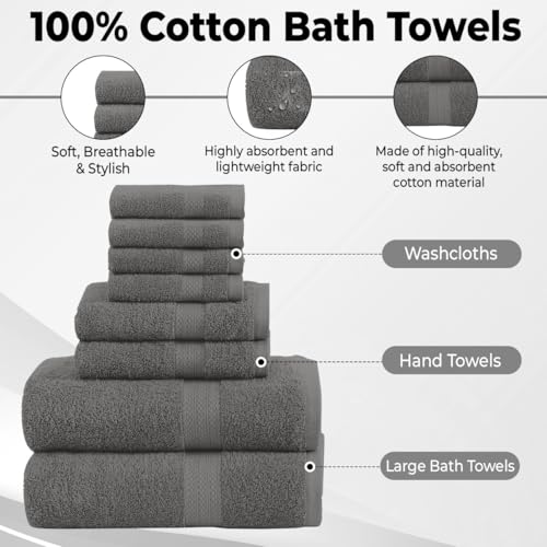 QUBA LINEN Pack of 8 Towels Set, 2 Large Bath Towels, 2 Hand Towels, 4 Wash Cloths, 100% Cotton, Lighter Weight, Quicker to Dry, Super Absorbent, Perfect for Bathroom (Grey) - Thumbnail 6