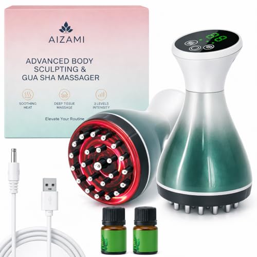 Aizami Electric Meridian Brush for Full Body Microcurrent Gua Sha Massager with Heating Therapy Waist & Belt Meridian Massager Body Scraping and Relaxation Tool (Silver and Green)