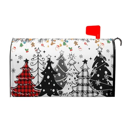 Image of Xmas Trees Mailbox Cover Magnetic 21 inchx18 inch Red Black Buffalo Plaids Falling Snowflakes Winter Collection Mailbox Wrap Post Cover Standard Size for Yard Garden Outside Holiday Decor