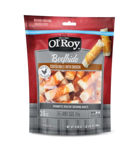Beefhide Rolls Coated with Real Chicken ~ 20.95 Oz Bag ~ 36 Count ~ Long-Lasting Chew Sticks, Promotes Chewing Habits, for All Dog Breeds, Medium Chew, Resealable Packaging by Ol~Roy.