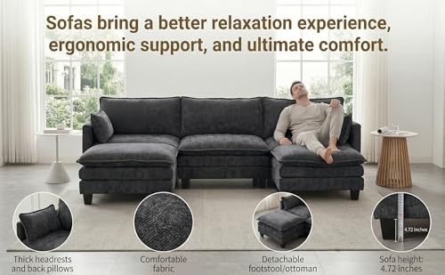 Image of 110.4 inch L Shaped Modular Sectional Sofa, Comfy Upholstery Chenille Cloud Couch with USB, Modern 4-Seat Deep Seat Sofa with Ottoman for Living Room, Apartment, Black