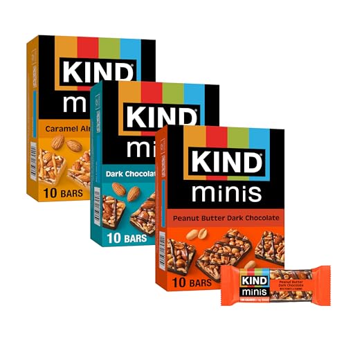 KIND Bar Minis, Variety Pack, Dark Chocolate Nuts and Sea Salt, Peanut Butter, Caramel Almond, Healthy Snacks, 3g Protein, Gluten Free, Low Sugar/Calorie Snacks, 30 Count