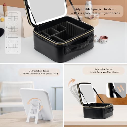 SJD Travel Makeup Bag with LED Mirror, Portable Cosmetic Case Organizer with Lighted Mirror, Waterproof Makeup Case for Cosmetic Brush Holder Storage, Black Toiletry Bag for Women Gift3