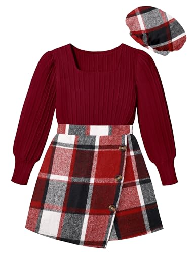 Image of AGAPENG Girl Skirt Sets 3 Piece Outfits Square Neck Jacquard Puff Sleeve Tops Plaid Mini Skirt Shorts Fall Winter Clothes