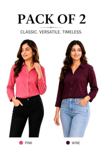 Image of FUNDAY FASHION Women Solid Regular Fit V Collered Casual Shirt (Pack of 2)