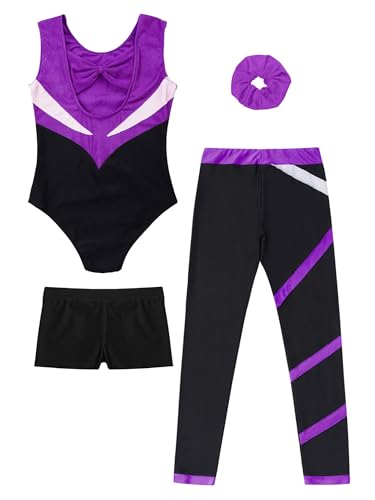 Gymnastics 4-Piece Set for Kid Girls Sleeveless Sparkly Rhinestones Leotard with Leggings Shorts and Hair Band4