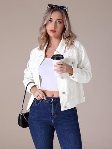 Women's Bride Jean Jacket Trendy Spring Long Sleeve Button Up Pearl Denim Jackets3