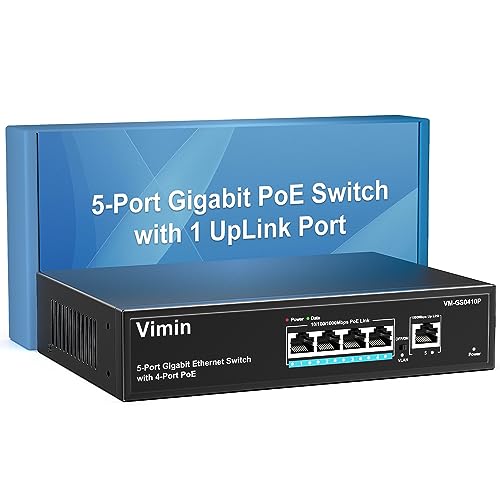 Image of 4 Port Gigabit PoE Switch with 1 Uplink Gigabit Ports, VIMIN 5 Port Unmanaged Ethernet PoE Switch with 72W Power, Support IEEE802.3af /at, VLAN, Metal Housing, Desktop or Wall-Mount, Plug & Play