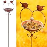 JUJOYBD Vogeltränke Winterfest, Vogelfutterstation Stehend H 115 cm aus Metall Vogelfutterspender mit Meisenknödelhalter für Wild-Vögel, Rostoptik Gartendeko