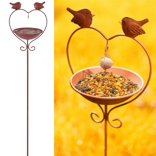 JUJOYBD Vogeltränke Winterfest, Vogelfutterstation Stehend H 115 cm aus Metall Vogelfutterspender mit Meisenknödelhalter für Wild-Vögel, Rostoptik Gartendeko