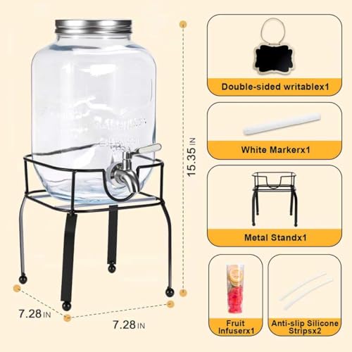 Image of 1 Gallon Glass Drink Dispensers For Parties,Beverage Dispenser with Stand,304 Stainless Steel Spigot Leakproof,Lemonade Dispenser for Sun Tea, Homemade Juice
