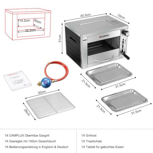 CAMPLUX SG102 Tragbar Oberhitze Gasgrill 3,2kW, Hochleistungs Steakgrill aus Edelstahl, 880°C...