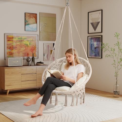 image for KROFEM Macrame Hammock Hanging Swinging Chair with Medium Cushion, Per