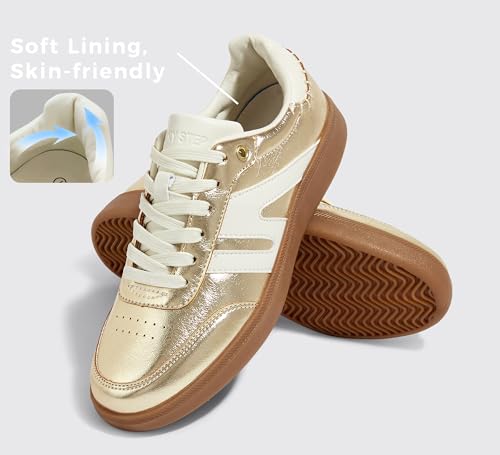 Image of LUCKY STEP Women Classic Retro Gum Sole Fashion Sneakers Casual Tennis Skate Shoe Genuine Leather Walking Footwear Anti Slip Trainers