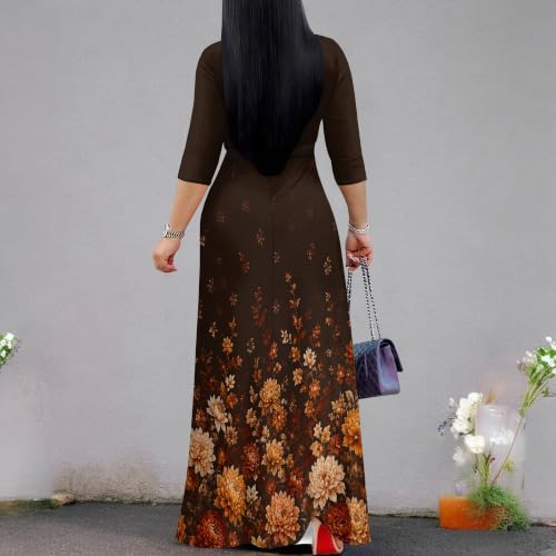 Image of Plus Size Maxi Dress for Women V Neck 3 /4 Sleeve Wrap Dress Brown 3XL | Brown Floral Women's Maxi Dress for Thanksgiving Birthday