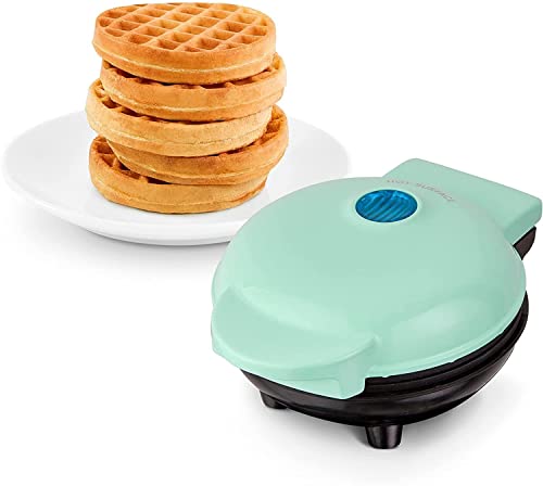 Image of KrissKross Mini Waffle Maker 4 Inch- 350 Watts: Stainless Steel Non-Stick Electric Iron Machine for Individual Belgian Waffles, Pan Cakes, Paninis or Other Snacks - Aqua blue
