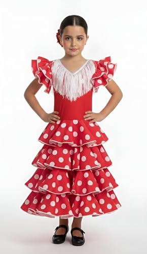 AMARU SANCHESU Vestido de niña para danza flamenco o sevillanas (FR/ES, Edad, 4 años, Regular, Rojo Topo Blanco)