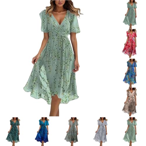 Nuaoxyeu Sommerkleid Damen Wadenlang Chiffon Strandkleid Damen 2025 Boho Lange Kleid Mit Gürtel Elegant V-Ausschnitt Sommerkleid Sommer Maxi Dress...