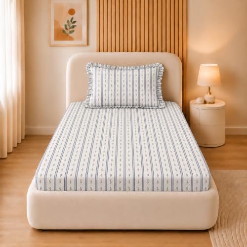 Image of VOMZER Single (36x72) 300 TC Soft Cotton Feel Microfiber All Around Elastic Fitted Single Bedsheet with 1 Frill Pillow Covers |Grey Stripe