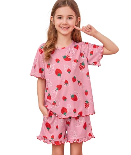 SWOMOG Girls Pajama Set 2 PCS Short Sleeve Tops & Ruffled Shorts with Pocket Girls Summer Pajamas Age 6-15