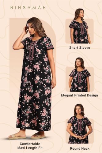 Image of NIHSAMAH Cotton Nighty for Women with Pocket, Premium Printed Long Nighty | Comfortable & Fancy Sleepwear /Nightwear