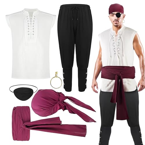 Traje Pirata Hombres | Traje de Cosplay de Halloween del Renacimiento Medieval - Accesorios de Vestir Conjunto de Cosplay para Evento Carnaval Sesión de fotos Adultos Vacaciones Mascarada