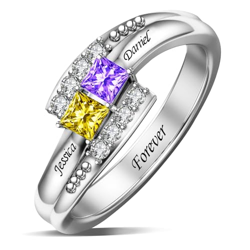 925 Sterling Silver Personalized Name Ring with 2 Heart Birthstones Custom Name Gift Promise Ring Gift for Women for Anniversary Mother's Day Gift for Mom Ring with names for Her Birthday Christmas