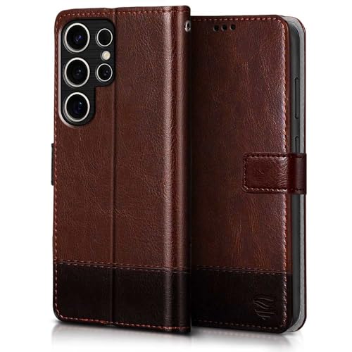 Image of FLIPPED Vegan Leather Flip Case Back Cover for Samsung Galaxy S25 Ultra 5G (Flexible, Shock Proof | Hand Stitched Leather Finish | Card Pockets Wallet & Stand | Brown with Coffee)