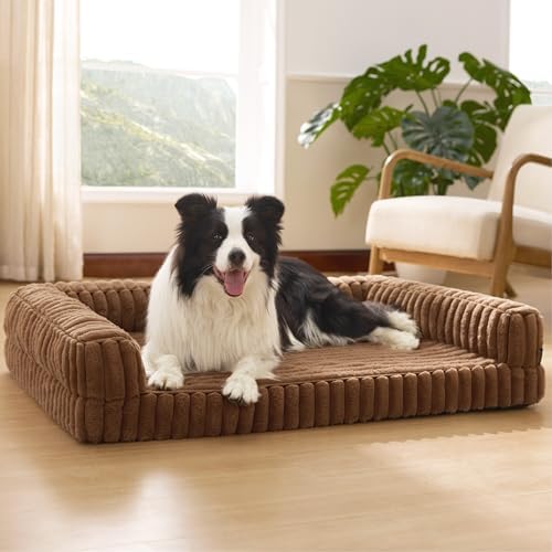 BEDSURE orthopädisches Hundebett Grosse Hunde - 89x64x18cm | wasserdichtes Hundesofa mit Memory-Schaum & Eierkarton-Schaum, waschbarer und abnehmbarer Cordbezug Hundecouch, kamelbr