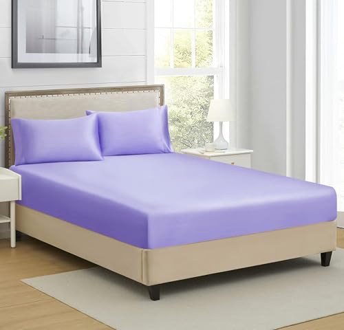 Image of RD TREND Microfiber Satin Weave Fitted Bedsheet King Size 78x72x10 Inch, Elastic Bedsheets for King Size Bed with 2 Pillow Covers-18x28 Inch (Lavender)
