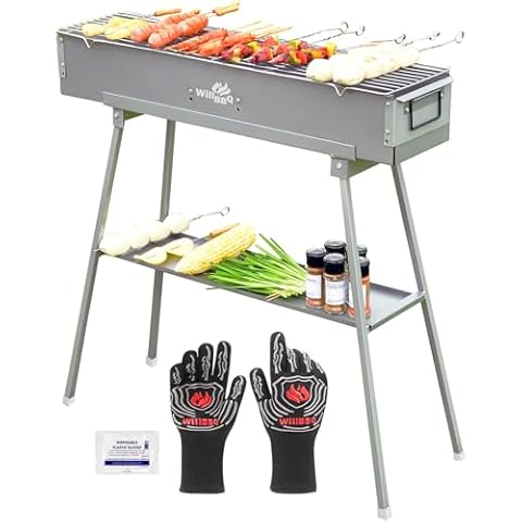 WILLBBQ Commercial Quality Portable Charcoal Grills(31.6x7.1x5.1 inch) with 1472℉ Extreme Heat Resistant BBQ Gloves Cover
